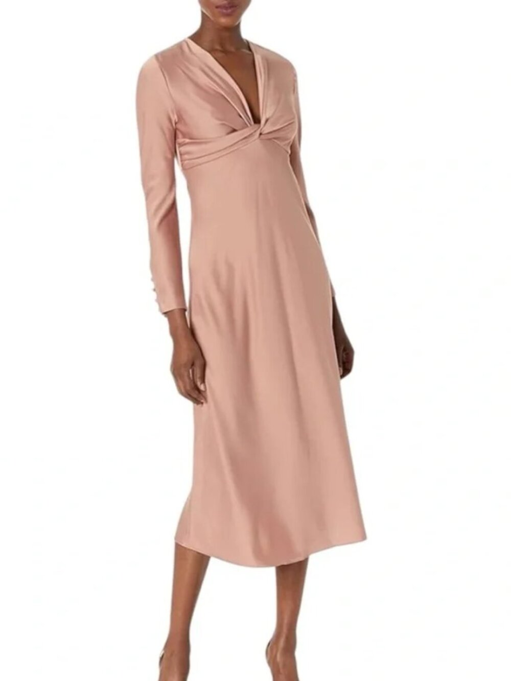 Maggy London Satin Midi Dress Dusty Rose Twist Front Long Sleeve Size 10